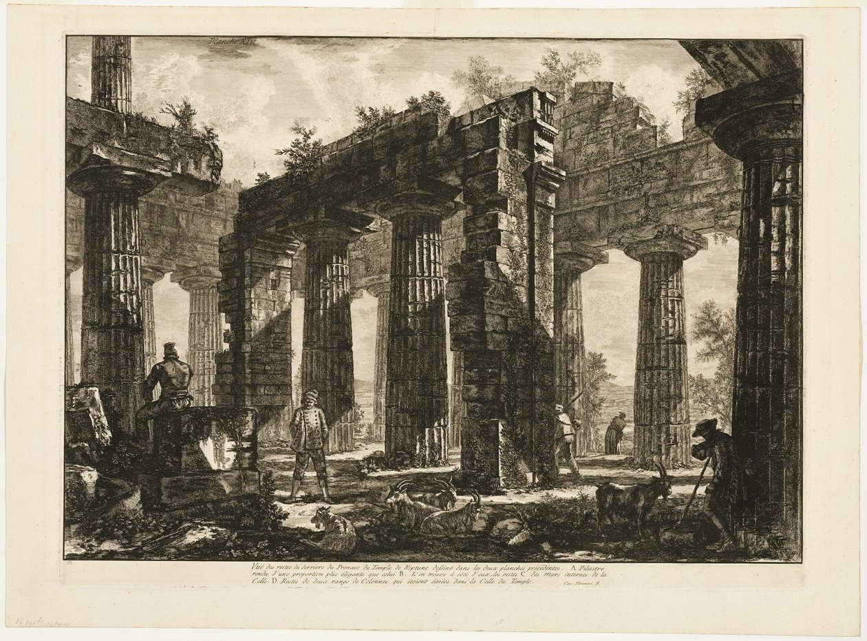 Hátulnézet a Neptunusz-templom pronaosz maradványairól, a két előző lemezre rajzolva, Paestum különböző nézeteiből alkotó: Giovanni Battista Piranesi