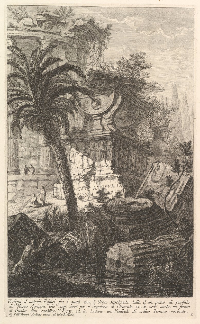 Ősi épületek maradványai, amelyek között áll Marcus Agrippa sírurnája ma..., kb. 1750. alkotó: Giovanni Battista Piranesi