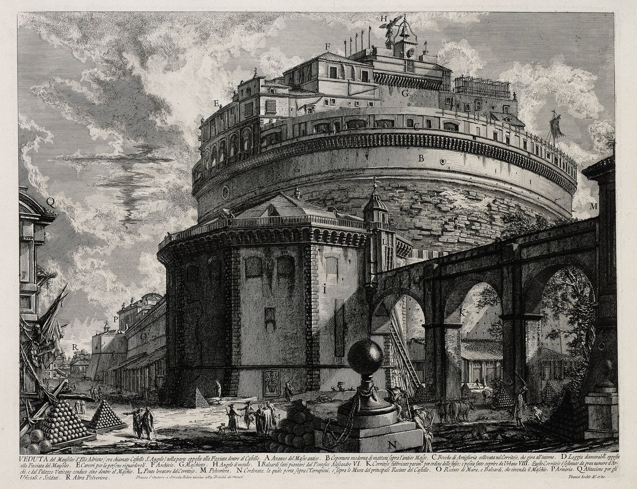 Hadrianus mauzóleumának hátulnézete, ma Angyalvárnak nevezik (innen: Vedute di Roma) alkotó: Giovanni Battista Piranesi