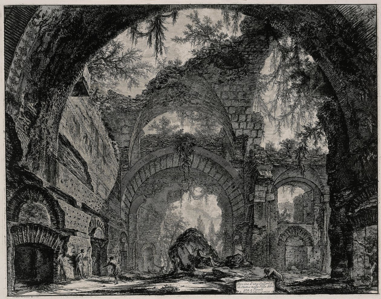 Szoborgaléria romjai a Tivoli melletti Hadrianus-villában (a Vedute di Roma című műből) alkotó: Giovanni Battista Piranesi