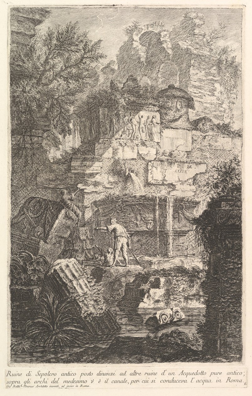 Egy ősi sír romjai egy ősi vízvezeték romjai előtt Ruine di Sepolcro a..., kb. 1750. alkotó: Giovanni Battista Piranesi