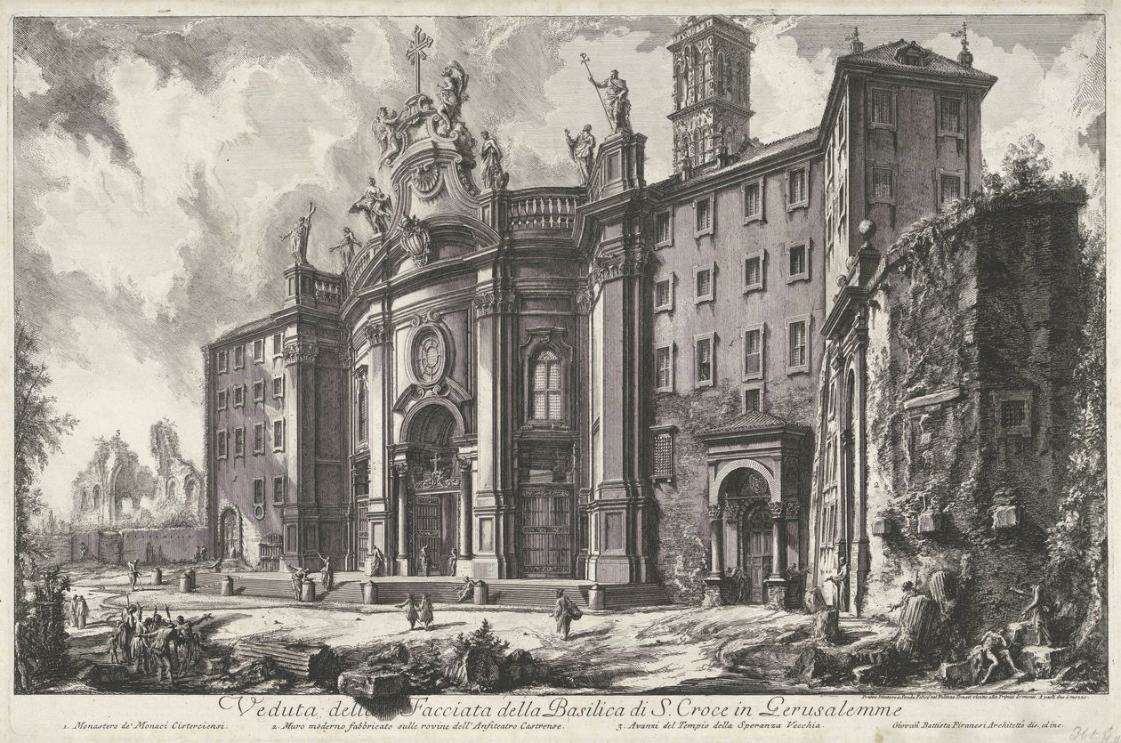 Santa Croce Gerusalemme te Rómában Kilátás a gerusalemme-i S. Croce-bazilika homlokzatára (cím a tárgyon) Gezichten op Rome (sorozat címe) Róma kilátásai, amelyeket Giambattista Piranesi építész, Ve (nez) iano tervezett és vésett (sorozat címe) alkotó: Giovanni Battista Piranesi