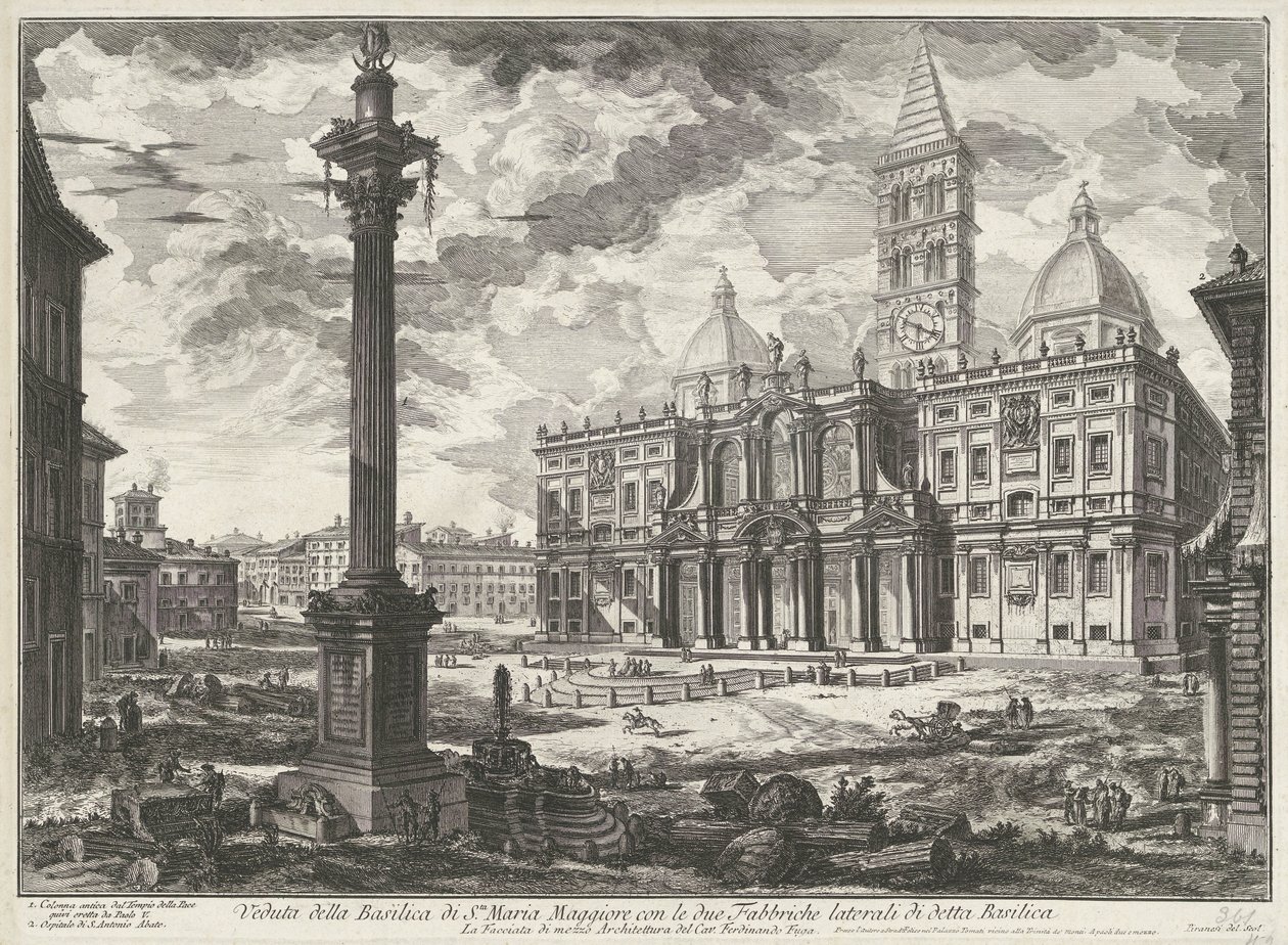 Santa Maria Maggiore Rómában Kilátás a Santa Maria Maggiore-bazilikára az említett bazilika két oldalsó gyárával (cím a tárgyon) Gezichten op Rome (sorozat címe) Giambattista Piranesi építész, Ve (nez) ia által tervezett és metszett római kilátások alkotó: Giovanni Battista Piranesi
