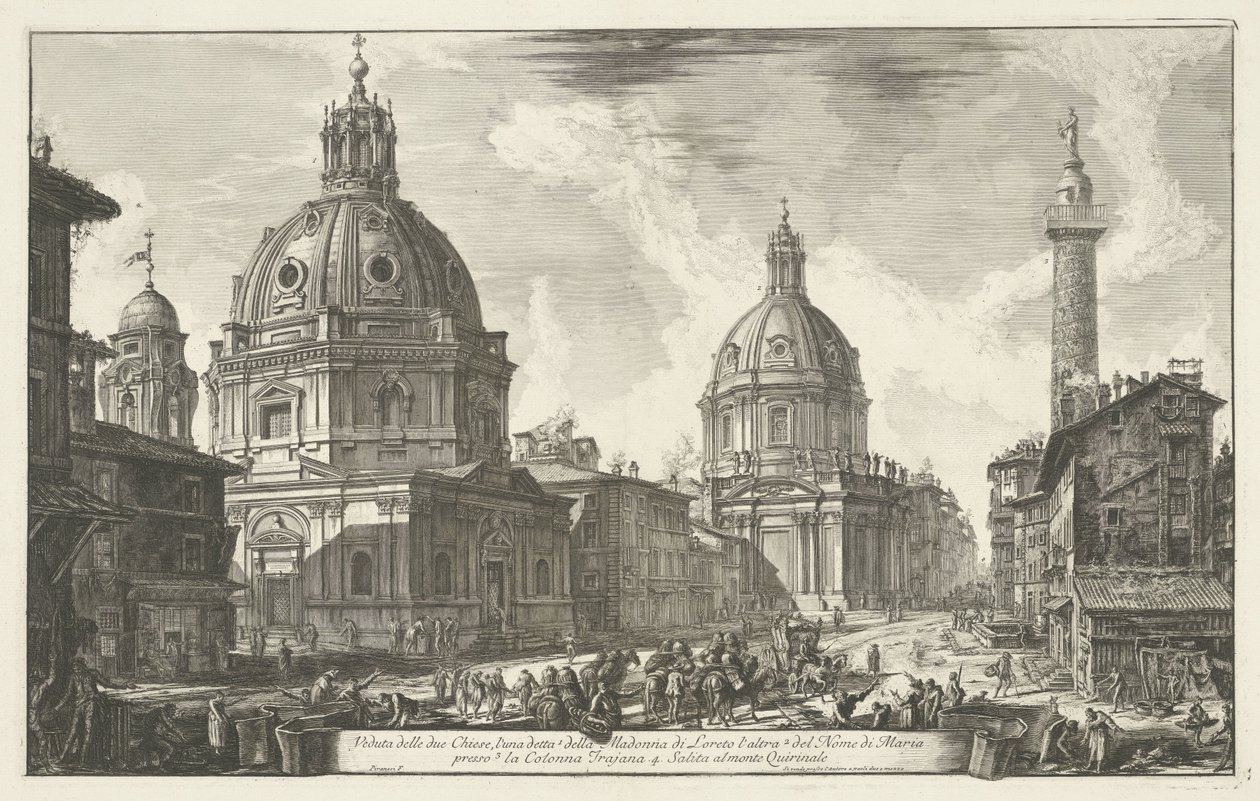 Santa Maria di Loreto en de Santissimo Nome di Maria te Rome Kilátás a két templomra (...) (cím a tárgyon) Gezichten op Rome (sorozat címe) Róma kilátásai, amelyeket Giambattista Piranesi építész, Ve (nez) iano tervezett és vésett (sorozat címe) alkotó: Giovanni Battista Piranesi