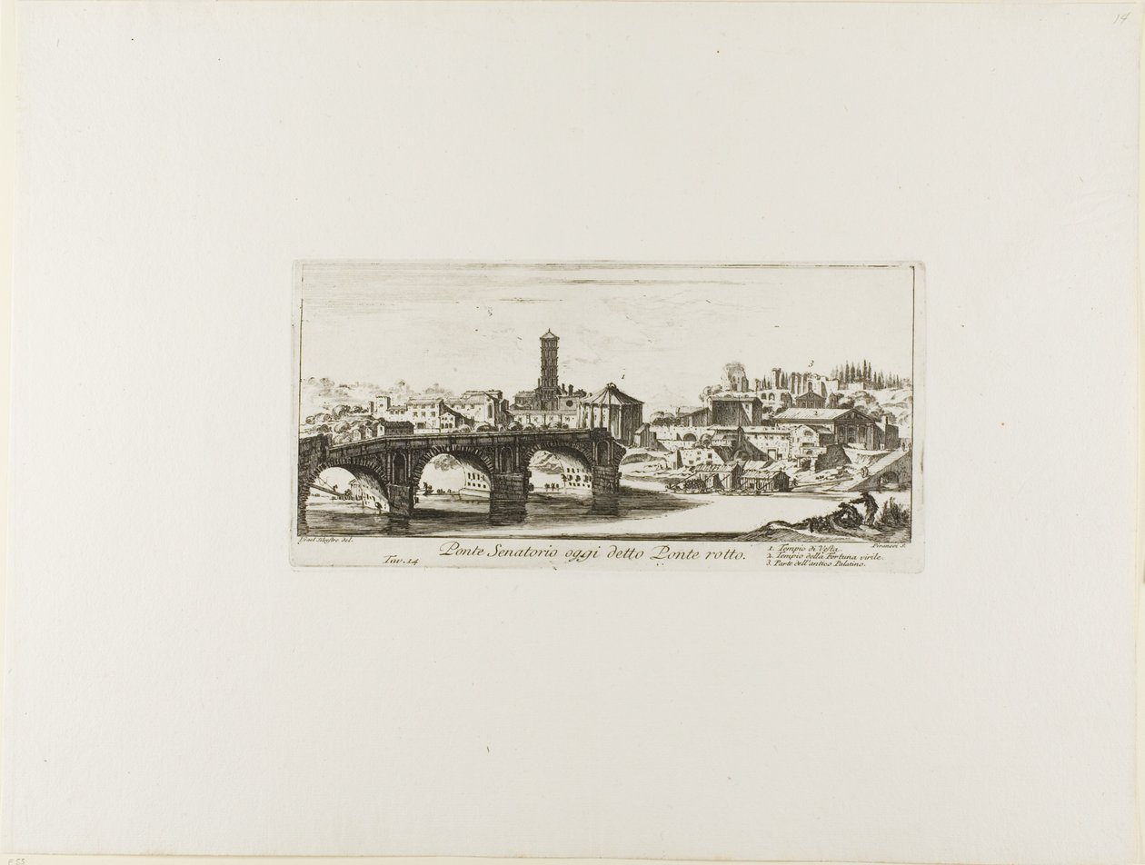 Szenátori híd, ma Ponte Rotto [Törött híd]. 1. Vesta temploma. 2. Fortuna Virilis temploma. 3. Az ókori Palatinus egy része, 14. tábla a Some Views of Triumphal Arches and other Monuments (Diadalívek és más műemlékek néhány nézete) című kötetből. alkotó: Giovanni Battista Piranesi