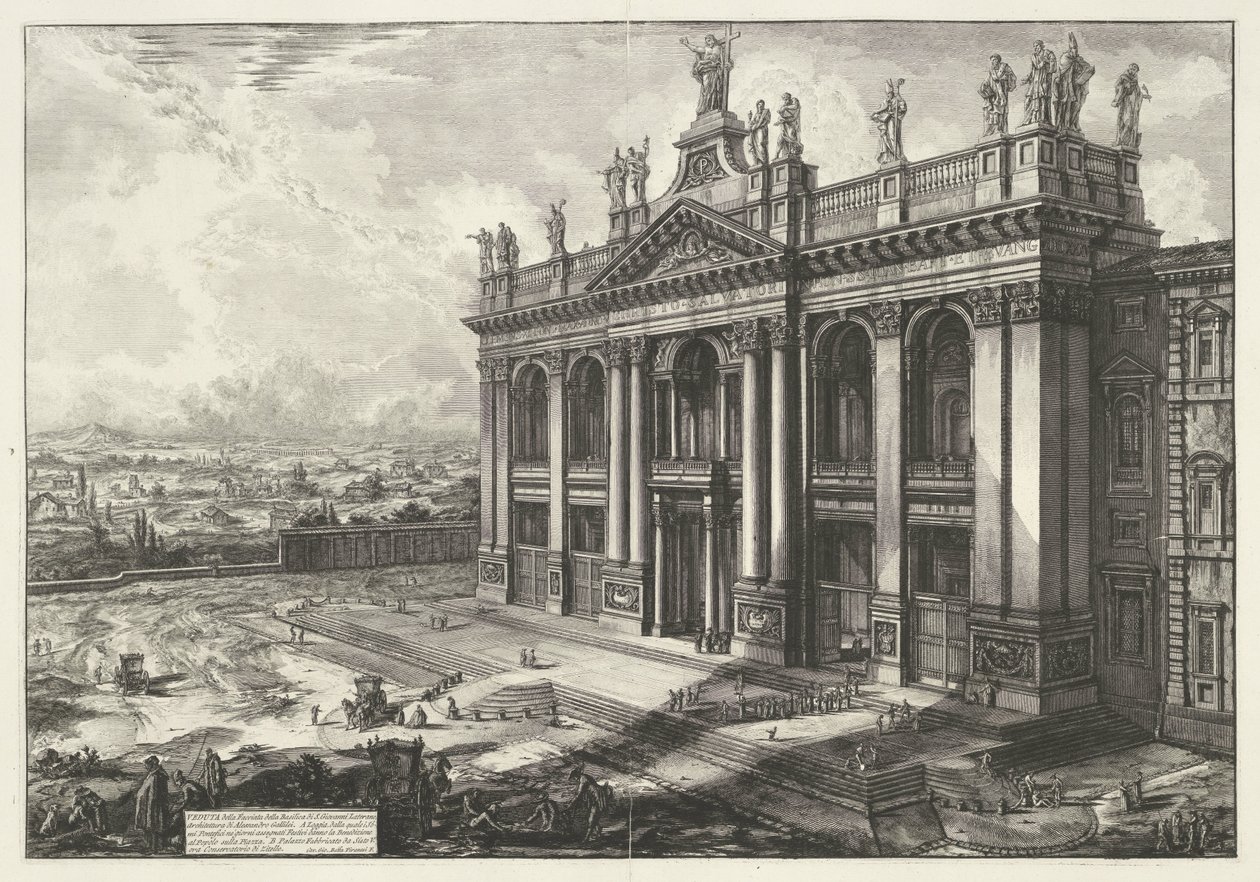 Sint-Jan van Lateranen te Róma Kilátás a S. Giovanni Laterano-bazilika homlokzatára (...) (cím a tárgyon) Gezichten op Rome (sorozat címe) Róma látképeit Giambattista Piranesi építész, Ve(nez)iano rajzolta és vésette (sorozat címe) alkotó: Giovanni Battista Piranesi