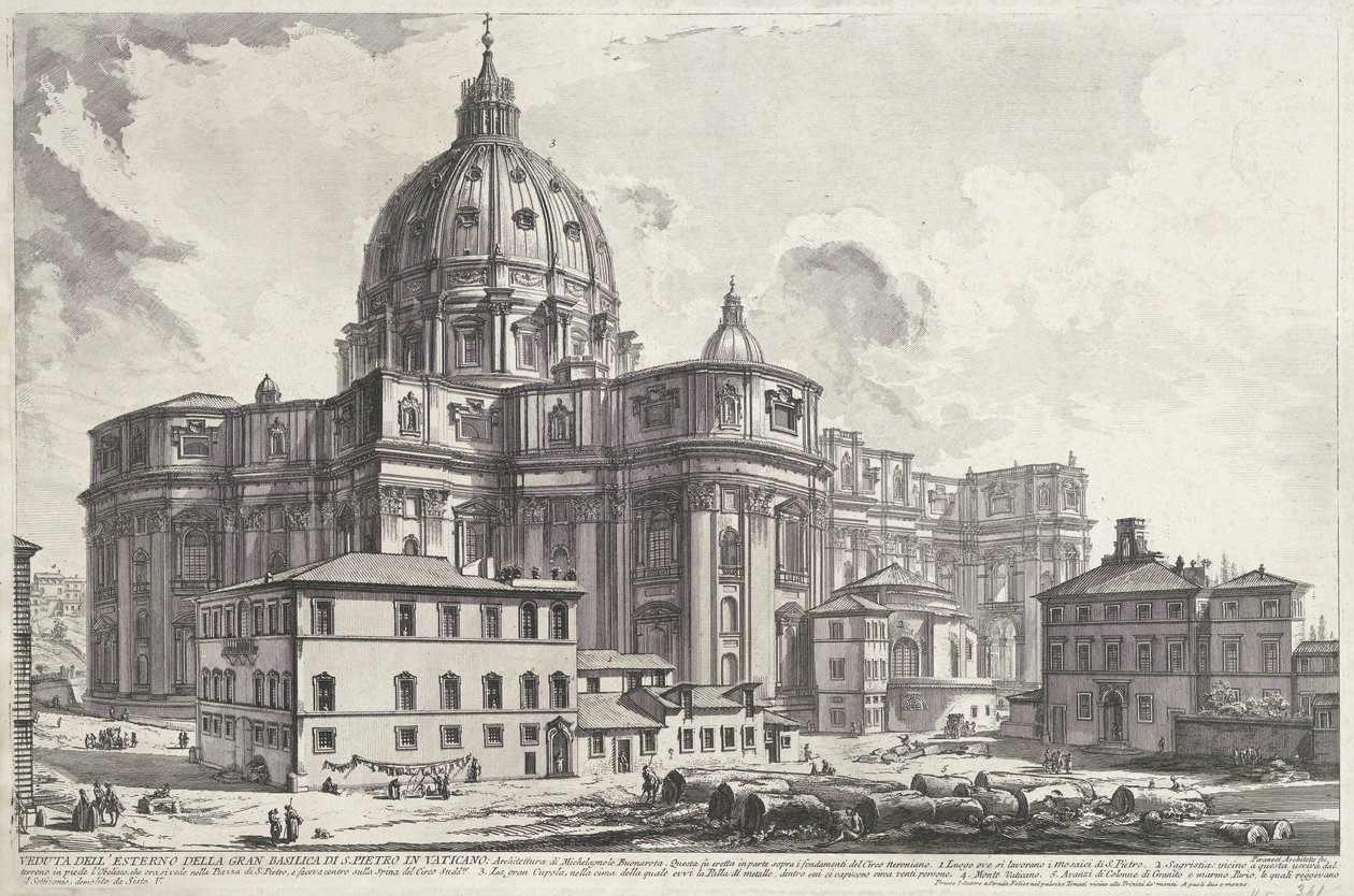 Sint-Pietersbasiliek vanaf sekrestye tér Kilátás a nagy vatikáni Szent Péter-bazilika külső oldalára (cím a tárgyon) Gezichten op Rome (sorozat címe) Róma kilátását Giambattista Piranesi építész, Ve (nez) iano (ser) tervezte és metszett alkotó: Giovanni Battista Piranesi