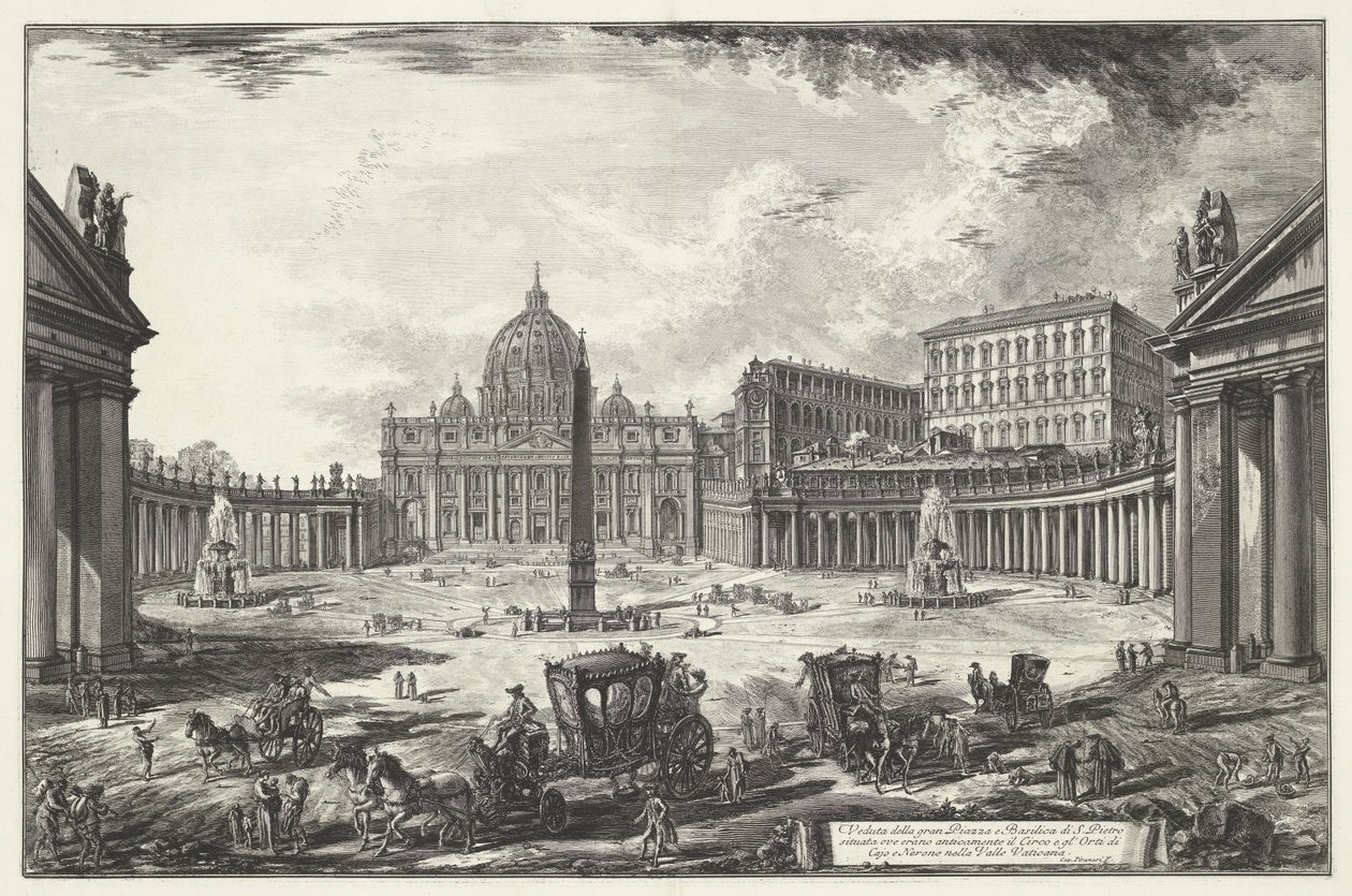 Sint-Pietersplein met de Sint-Pietersbasiliek te Vaticaanstad Kilátás a nagy térre és a Szent Péter-bazilikára (...) (cím a tárgyon) Gezichten op Rome (sorozat címe) Róma kilátását Giambattista Piranesi építész, Ve (nez) iano (s) tervezte és metszett alkotó: Giovanni Battista Piranesi