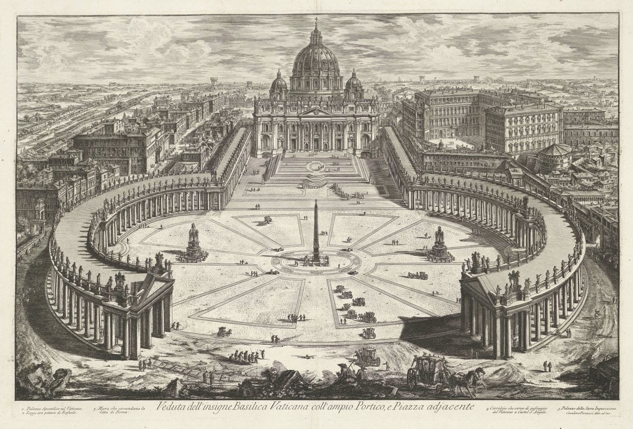 Sint-Pietersplein met de Sint-Pietersbasiliek te Vaticaanstad Kilátás a híres Vatikáni Bazilikára a nagy portikával és a szomszédos Piazza térrel (cím a tárgyon) Gezichten op Rome (sorozat címe) Giambattista Piranesi ív által tervezett és metszett Róma kil alkotó: Giovanni Battista Piranesi