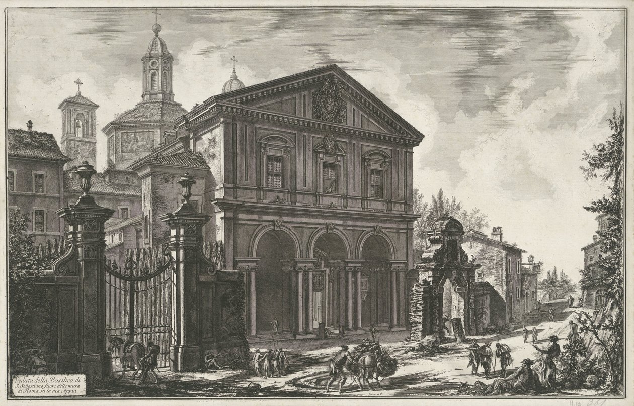 Sint-Sebastiaan buiten de Muren te Róma Kilátás a S. Sebastiano-bazilikára Róma falain kívül, a Via Appián (cím a tárgyon) Gezichten op Rome (sorozat címe) Róma kilátását Giambattista Piranesi építész, Ve (nez) ian tervezte és metszett alkotó: Giovanni Battista Piranesi