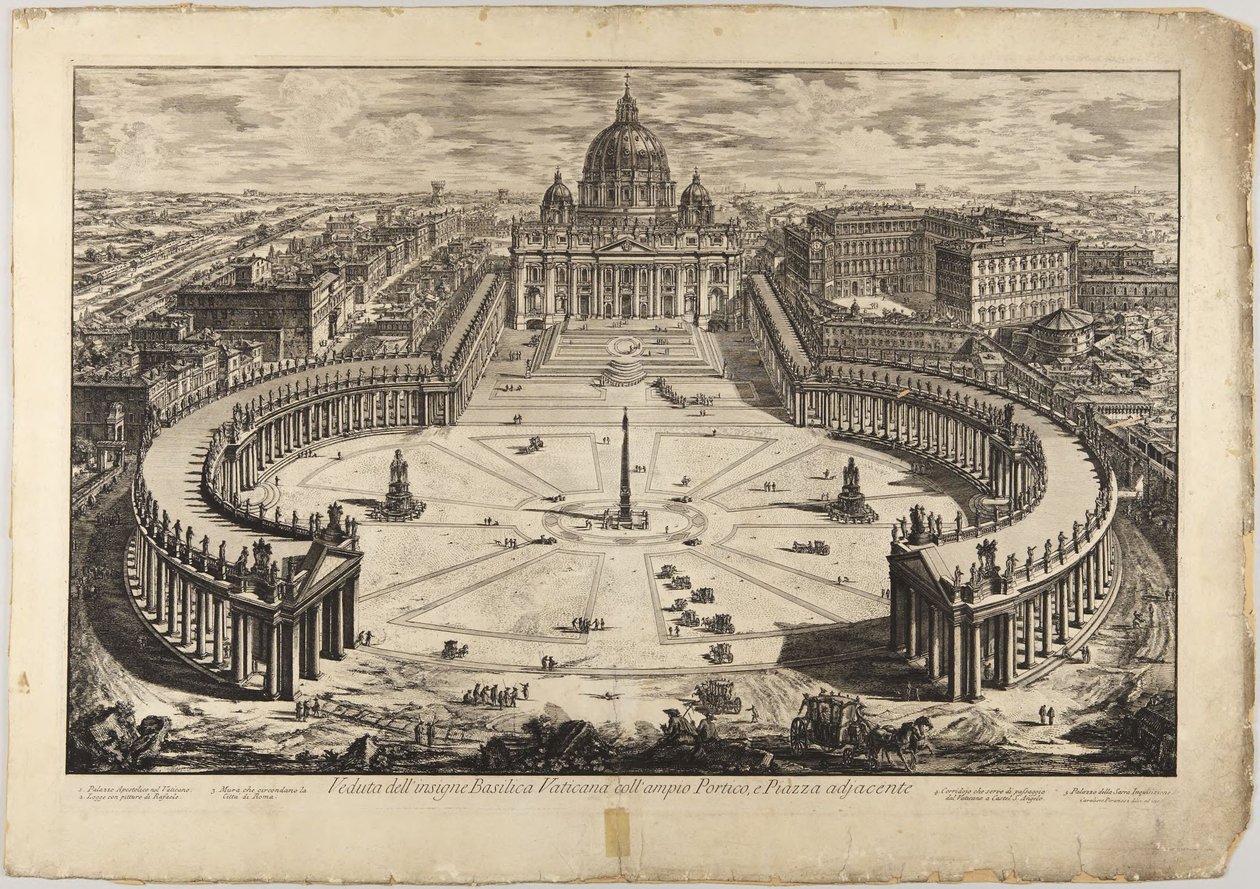 Szent Péter-bazilika előudvarral és oszlopsorokkal: madártávlati nézet alkotó: Giovanni Battista Piranesi