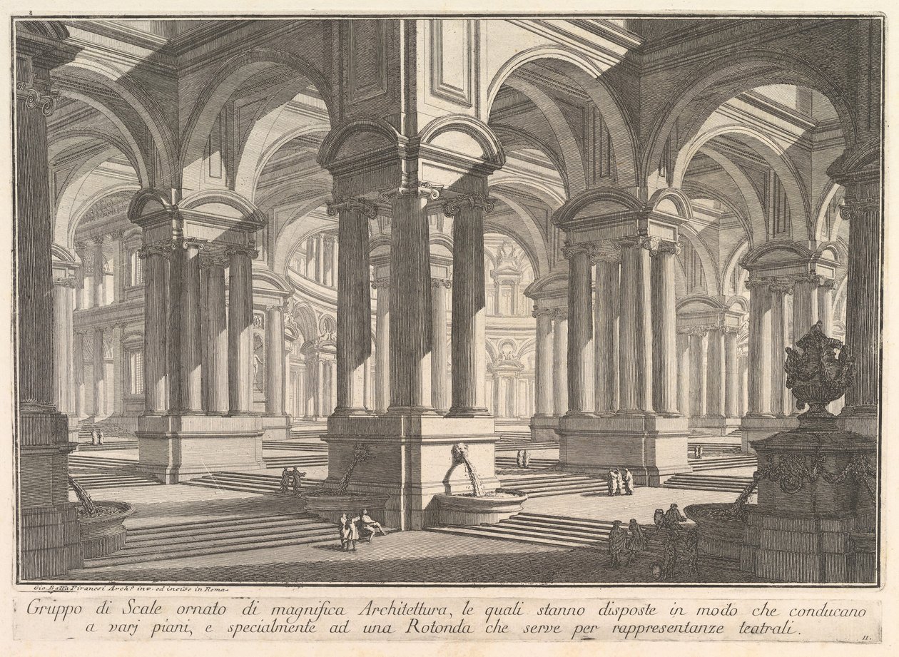 A lépcsőházakat pompás építészet díszíti. . . Nagyítással díszített lépcsőcsoport, kb. 1750. alkotó: Giovanni Battista Piranesi