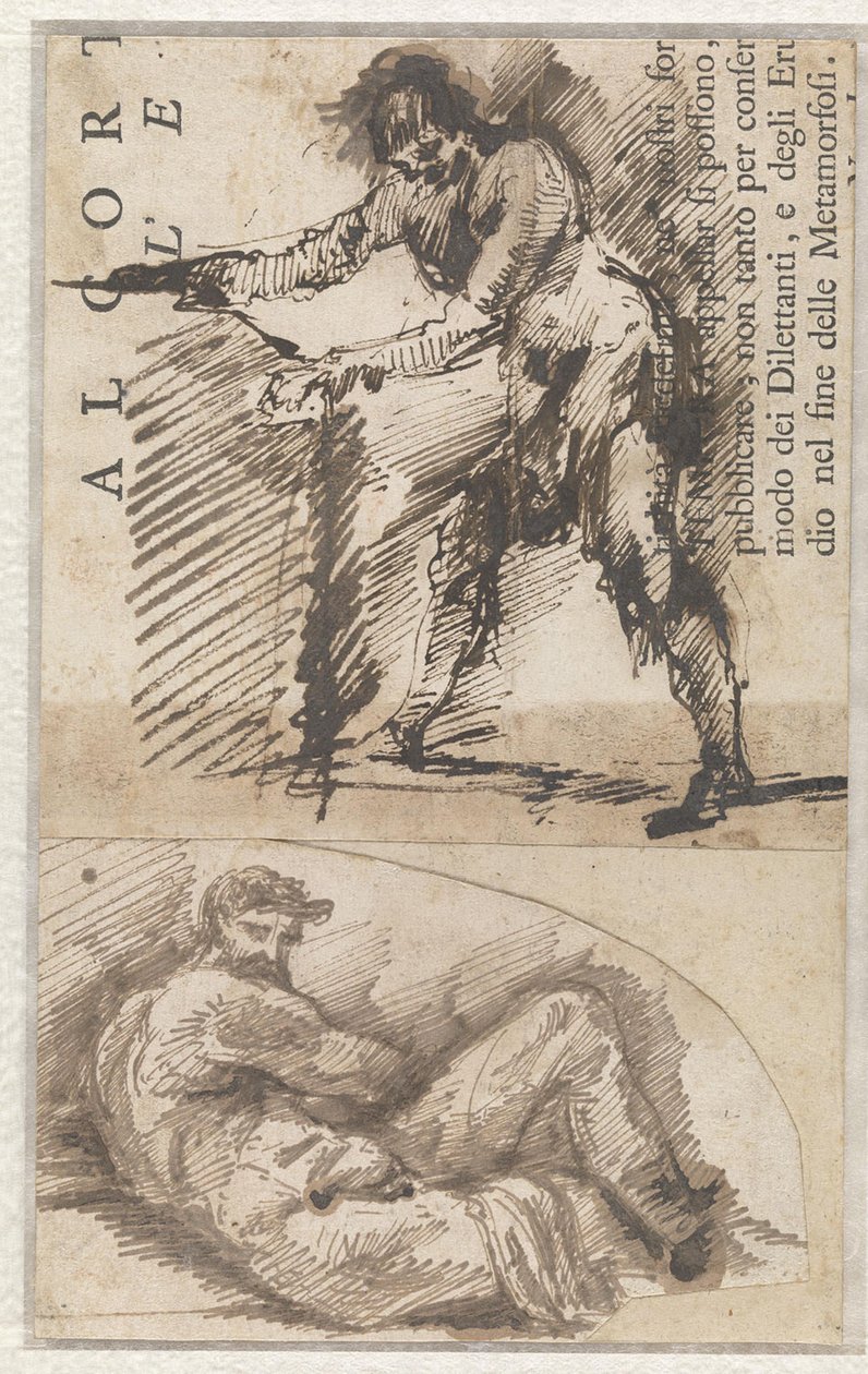 Vázlat egy álló férfi alakról, aki egy alaprajzot méri fel (a). Vázlat Michelangelo Il Giorno című művéhez (b) alkotó: Giovanni Battista Piranesi