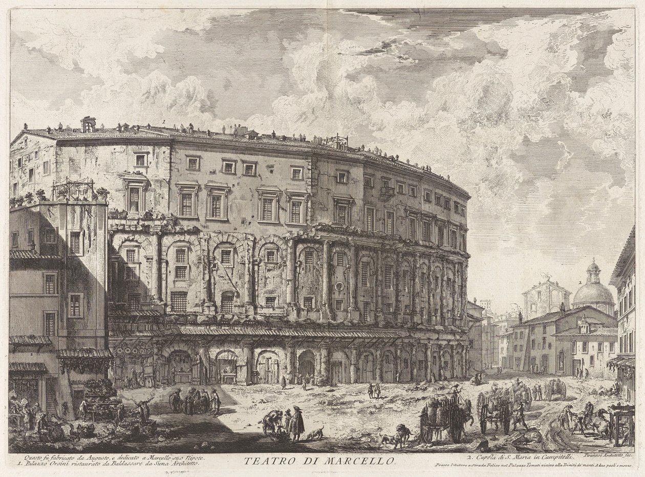 Marcellus Színház. Ezt az épületet Augustus építette, és unokaöccsének, Marcellusnak szentelte, a Vedute di Roma-ból (Róma látképe) alkotó: Giovanni Battista Piranesi