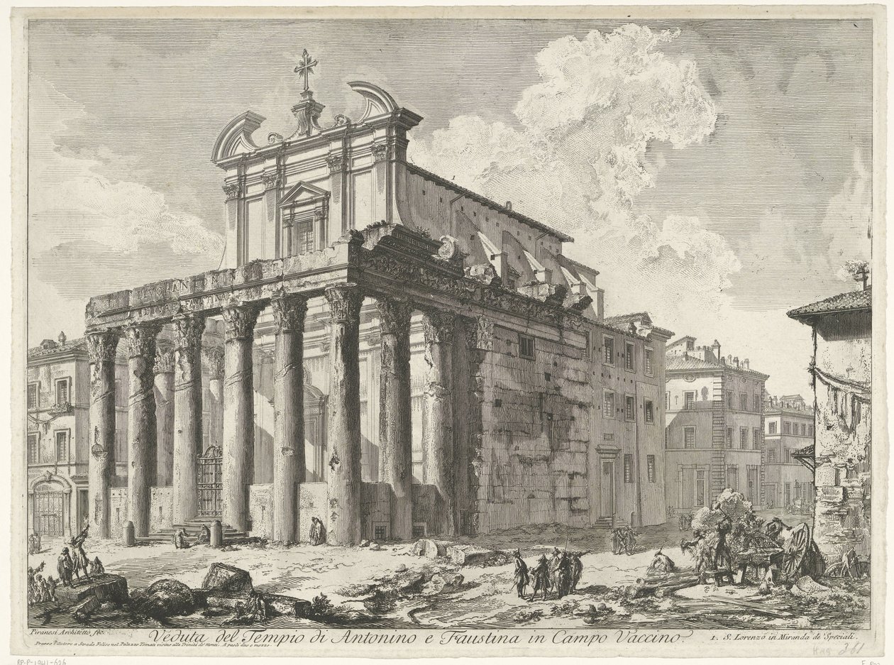Tempel van Antoninus és Faustina te Róma Kilátás Antoninus és Faustina templomára a Campo Vaccinoban (cím a tárgyon) Gezichten op Rome (sorozat címe) Róma kilátásai, amelyeket Giambattista Piranesi építész, Ve (nez) iano tervezett és vésett (sorozat címe) alkotó: Giovanni Battista Piranesi