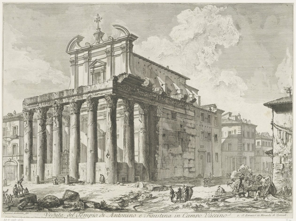 Tempel van Antoninus és Faustina te Róma Kilátás Antoninus és Faustina templomára a Campo Vaccinoban (cím a tárgyon) Gezichten op Rome (sorozat címe) Róma kilátásai, amelyeket Giambattista Piranesi építész, Ve (nez) iano tervezett és vésett (sorozat címe) alkotó: Giovanni Battista Piranesi
