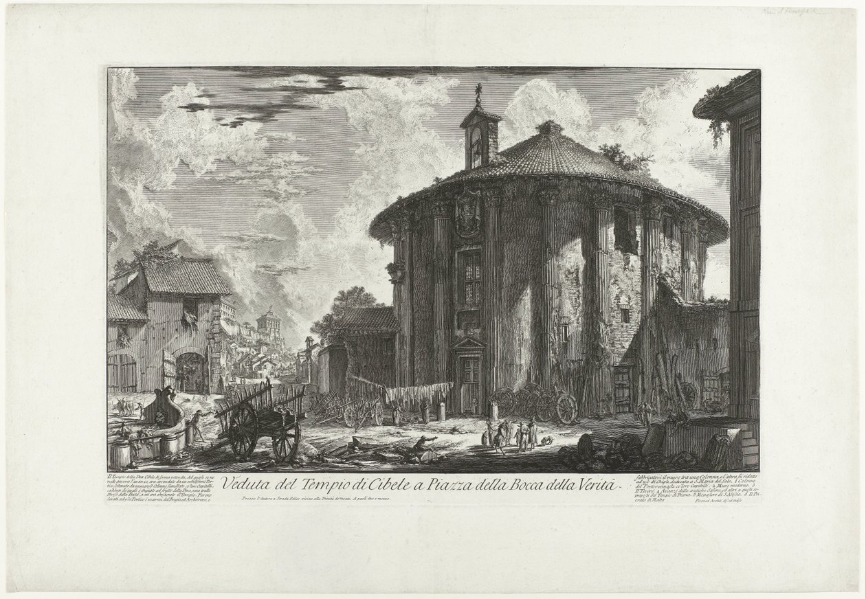 Tempel van Hercules Invictus te Rome (cím a tárgyon) Kilátás a Cybele-templomra a Piazza della Bocca della Verità-n (cím a tárgyon) Gezichten op Rome (sorozat címe) Róma kilátását Giambattista Piranesi építész, Ve (nez) iano (s) tervezte és metszett alkotó: Giovanni Battista Piranesi