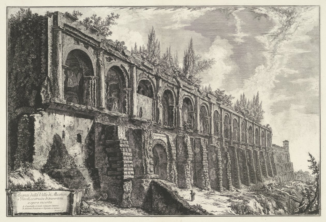 Tempel van Hercules Victor a Tivoliban Maradékok a tivoli-i Villa di Maecenasból, opus incertumban (cím a tárgyon) épült travertinokból Gezichten op Rome (sorozat címe) Róma látképeit Giambattista Piranesi építész, Ve(nez)iano rajzolta és vésette ( alkotó: Giovanni Battista Piranesi