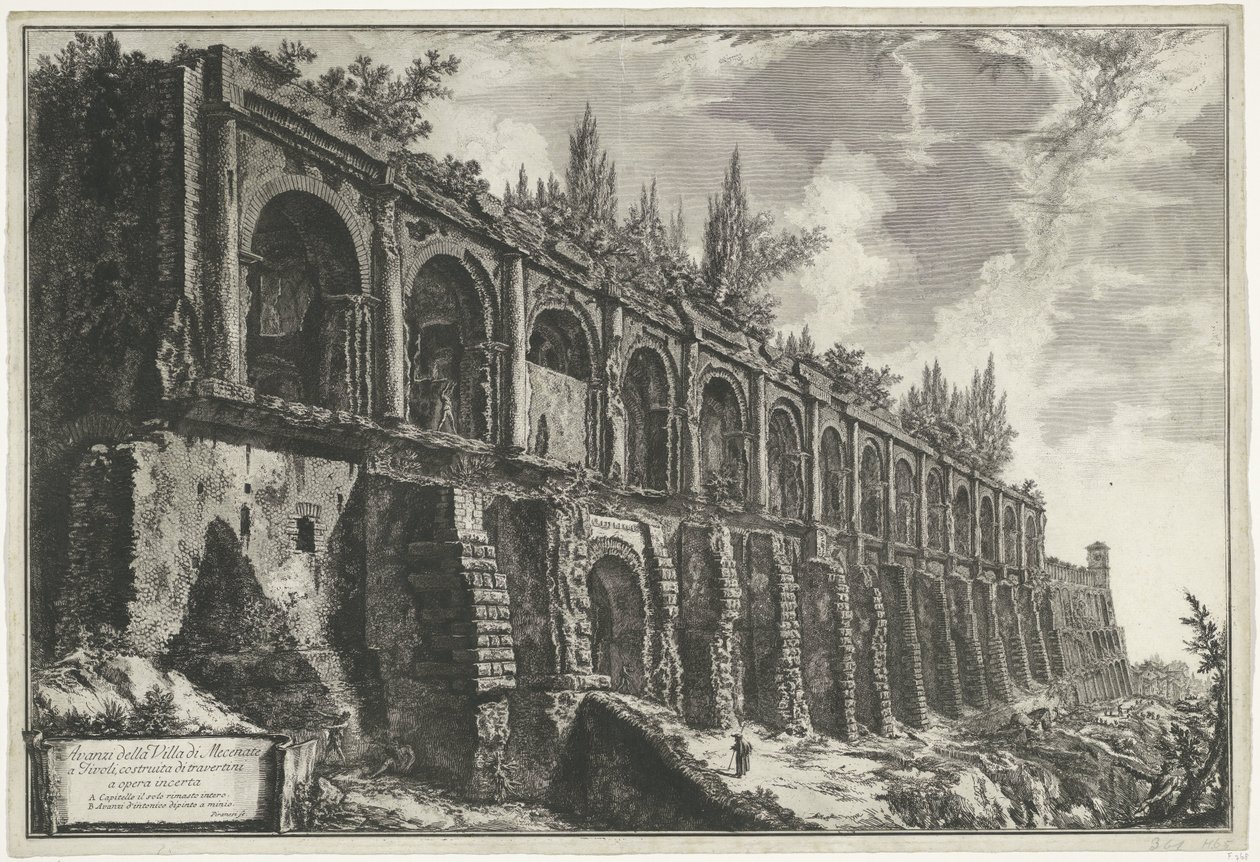 Tempel van Hercules Victor t és Tivoli A tivoli-i Villa di Mecenate maradványai, bizonytalan munkák mészkőből épültek (cím az objektumon) Gezichten op Rome (sorozat címe) Róma kilátását Giambattista Piranesi építész, Ve (nez) iano ( alkotó: Giovanni Battista Piranesi