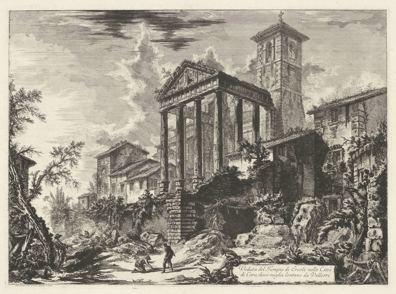 Tempel van Hercules te Cori Kilátás a Herkules-templomra Cora városában, tíz mérföldre Velletritől (cím a tárgyon) Gezichten op Rome (sorozat címe) Róma kilátásai Giambattista Piranesi építész, Ve (nez) iano által tervezett és metszett (t sorozat alkotó: Giovanni Battista Piranesi