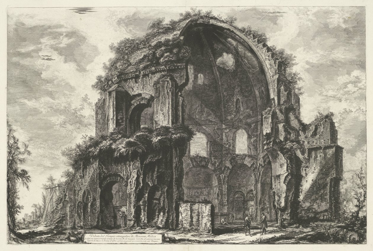 Tempel van Minerva Medica Rómában Kilátás a nyolcszögletű Minerva Medica templomra (cím a tárgyon) Gezichten op Rome (sorozat címe) Róma kilátásai, amelyeket Giambattista Piranesi építész, Ve (nez) iano tervezett és vésett (sorozat címe) alkotó: Giovanni Battista Piranesi