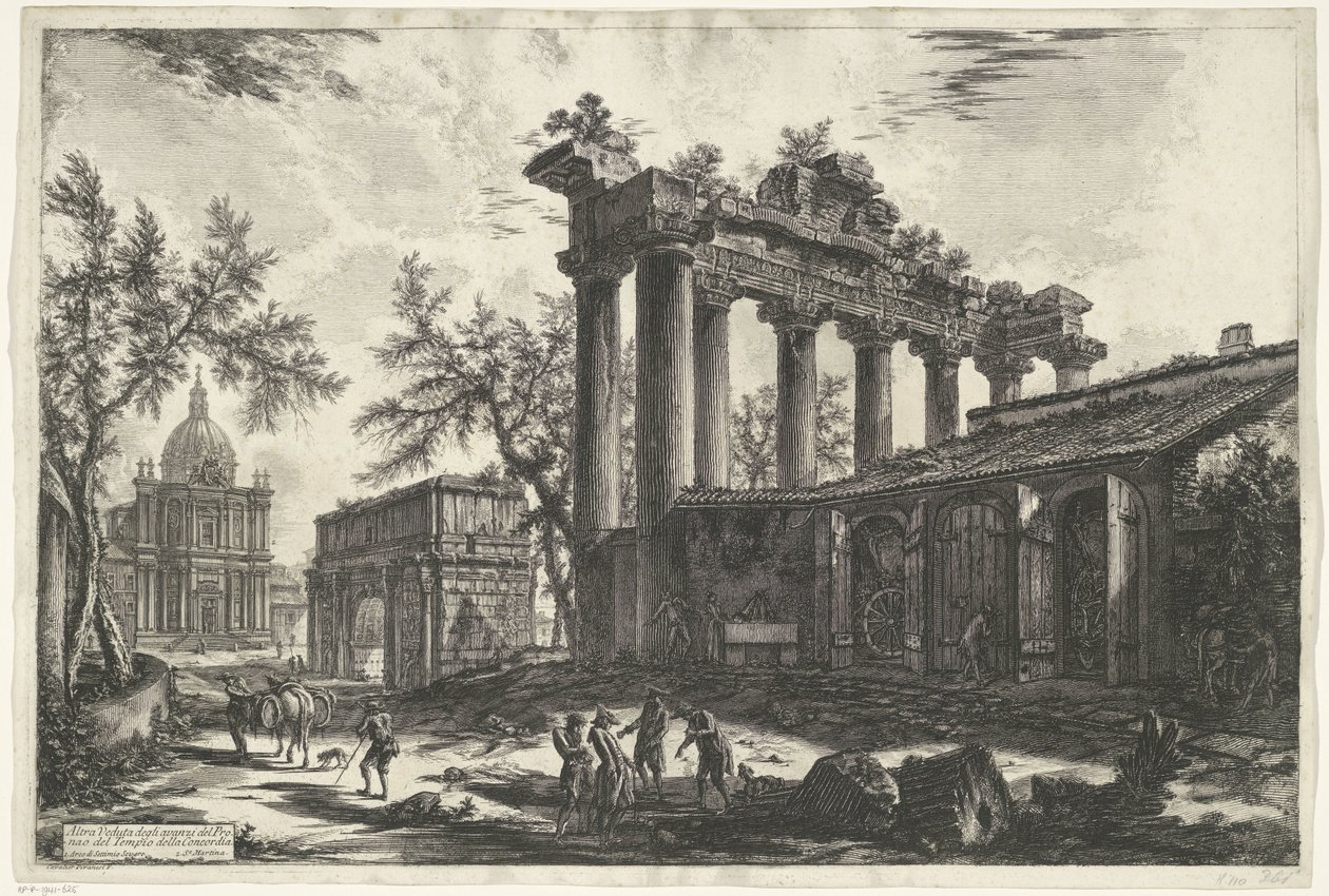 Tempel van Saturnus Rómában Egy másik nézet a Concordia-templom Pronaos maradványairól (cím a tárgyon) Gezichten op Rome (sorozat címe) Róma látképei, amelyeket Giambattista Piranesi építész, Ve (nez) iano tervezett és vésett (sorozat címe) alkotó: Giovanni Battista Piranesi