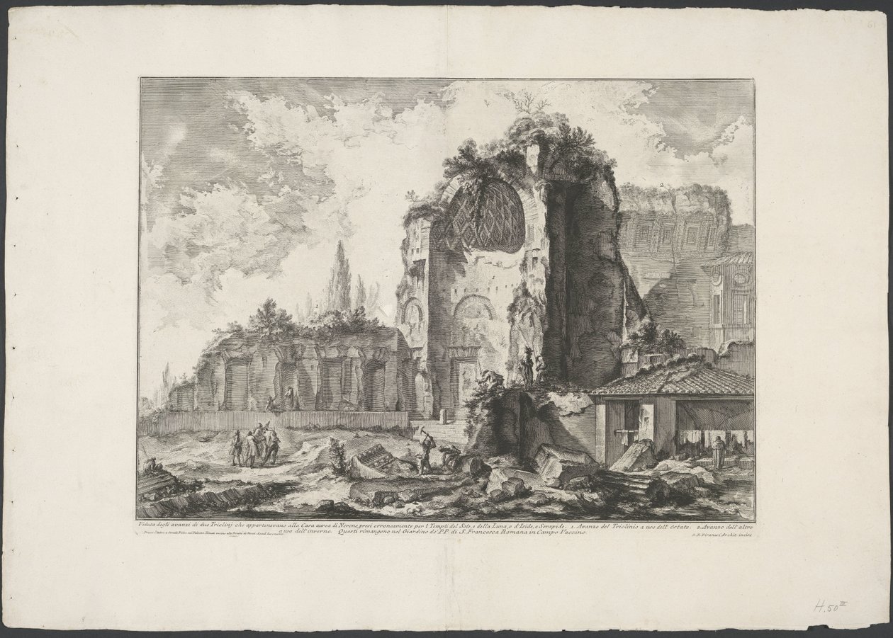 Tempel van Venus en Roma te Rome Néró Aranyházához tartozó két Triclini maradványának képe (...) (cím a tárgyon) Gezichten op Rome (sorozat címe) Róma kilátását Giambattista Piranesi építész, Ve (nez) iano tervezte és metszett alkotó: Giovanni Battista Piranesi