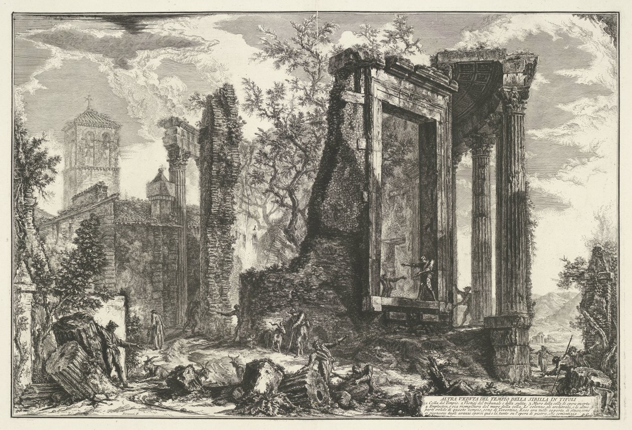 Tempel van Vesta en de Tempel van de Tiburtijnse Sibille Tivoliban Egy másik nézet a tivolii Szibilla templomról (cím az objektumon) Gezichten op Rome (sorozat címe) Róma kilátását Giambattista Piranesi építész, Ve (nez) iano (ser) tervezte és metszett alkotó: Giovanni Battista Piranesi