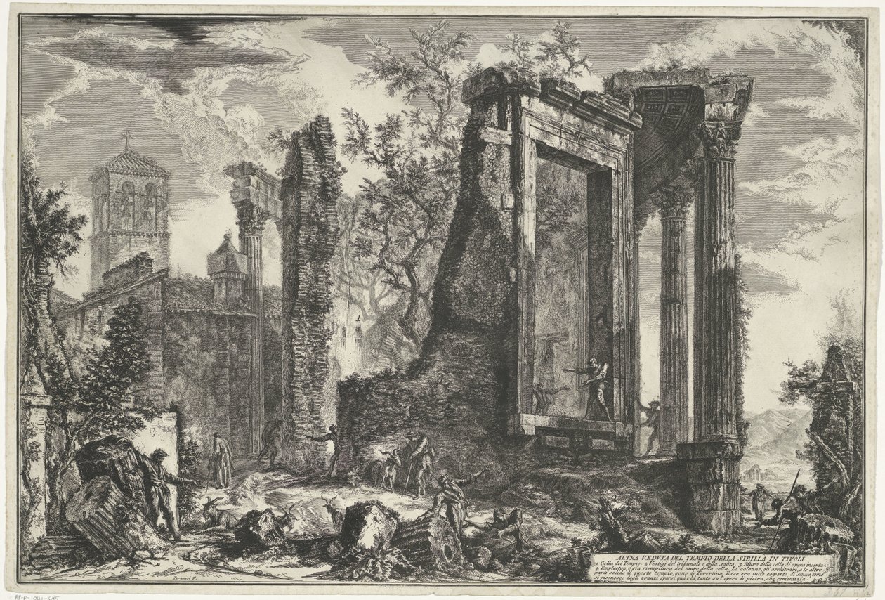 Tempel van Vesta en de Tempel van de Tiburtijnse Sibille Tivoliban Egy másik nézet a tivolii Szibilla templomról (cím az objektumon) Gezichten op Rome (sorozat címe) Róma kilátását Giambattista Piranesi építész, Ve (nez) iano (ser) tervezte és metszett alkotó: Giovanni Battista Piranesi