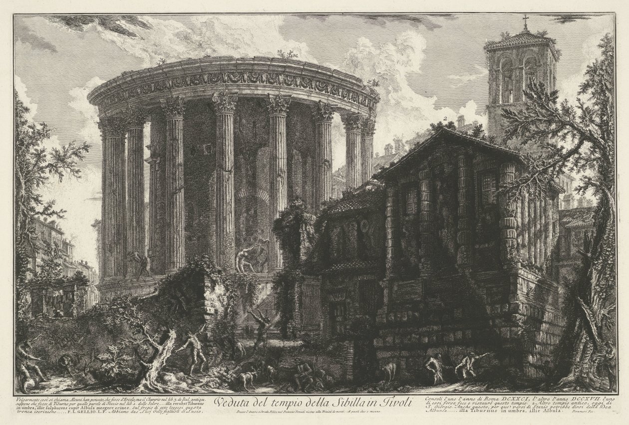 Tempel van Vesta en de Tempel van de Tiburtijnse Sibille Tivoliban Kilátás a tivolii Szibilla templomra (cím a tárgyon) Gezichten op Rome (sorozat címe) Giambattista Piranesi építész, Ve (nez) iano (nez) iano által tervezett és metszett római kilátások (ti alkotó: Giovanni Battista Piranesi