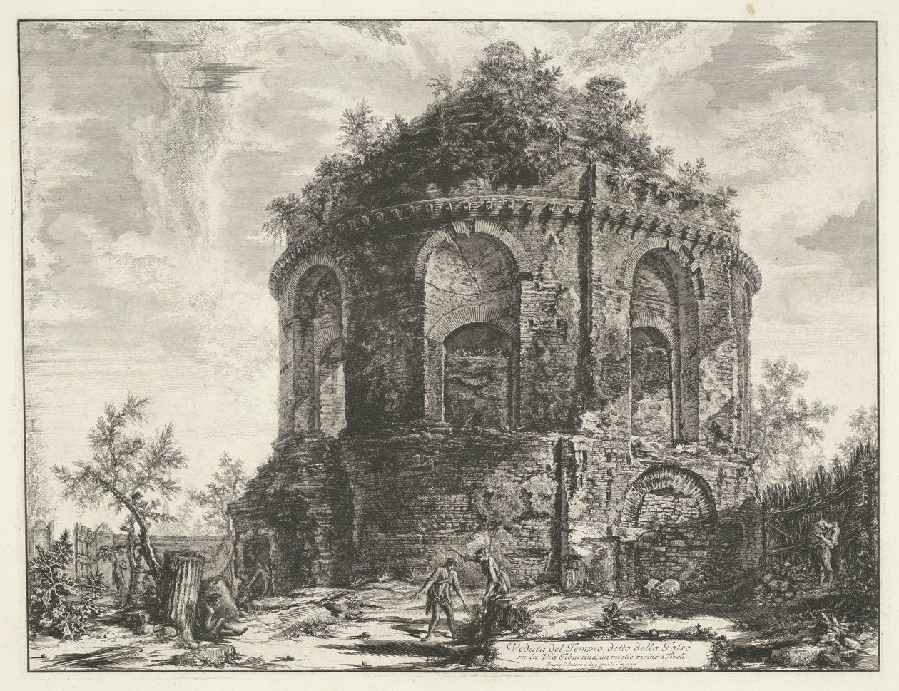 Köhögés temploma Tivoliban Kilátás a della Tosse nevű templomra a Via Tiburtinán, egy mérföldre Tivoli közelében (cím a tárgyon) Gezichten op Rome (sorozat címe) Róma látképeit Giambattista Piranesi építész, Ve(nez)iano (komoly) rajzolta és metszett alkotó: Giovanni-Battista Piranesi