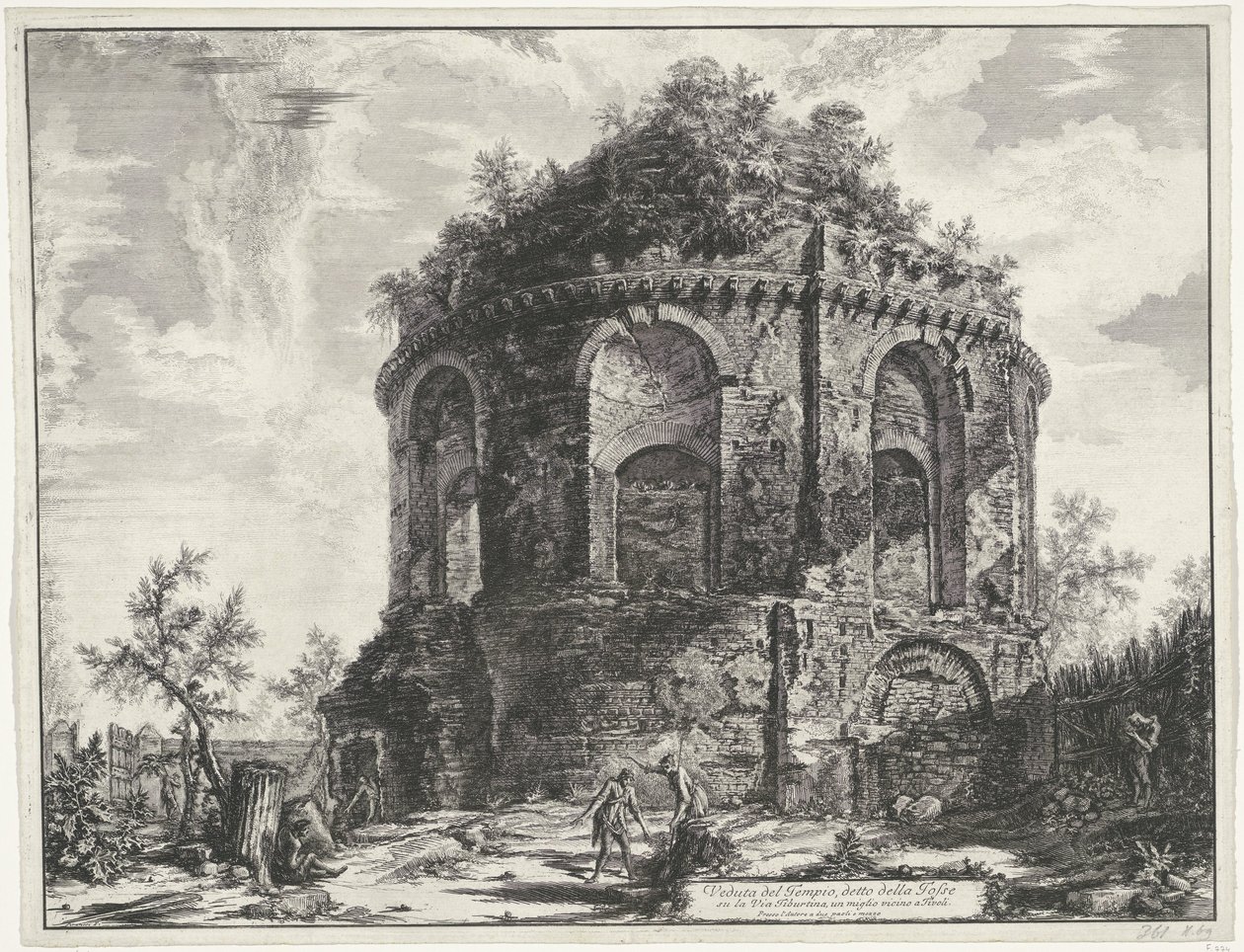 A köhögés temploma Tivoliban Kilátás a della Tosse nevű templomra a Via Tiburtinán, egy mérföldre Tivoli közelében (cím a tárgyon) Gezichten op Rome (sorozat címe) Róma kilátását Giambattista Piranesi építész, Ve (nez) iano (seri) tervezte és metszett alkotó: Giovanni Battista Piranesi