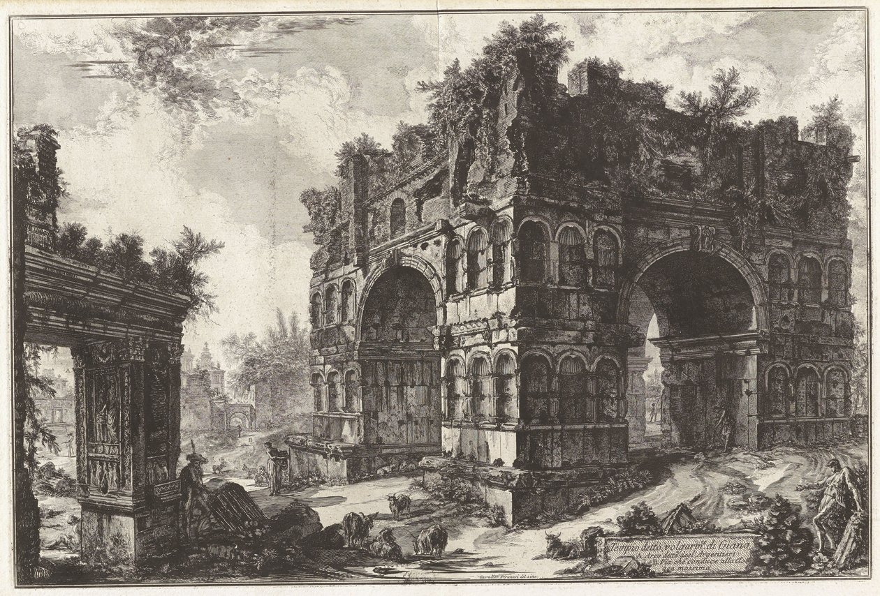 Az úgynevezett Janus-templom. A. Az úgynevezett Argentarii-diadalív, a Vedute di Roma (Római látképek) című műből alkotó: Giovanni Battista Piranesi