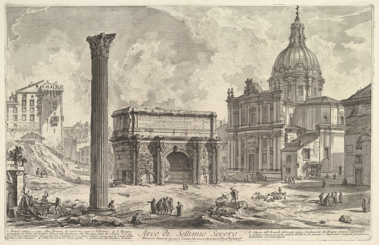 Septimius Severus diadalíve, jobbra S. Martina templomával (Arco di Settimio Severo), a „Vedute di Roma” sorozatból alkotó: Giovanni Battista Piranesi