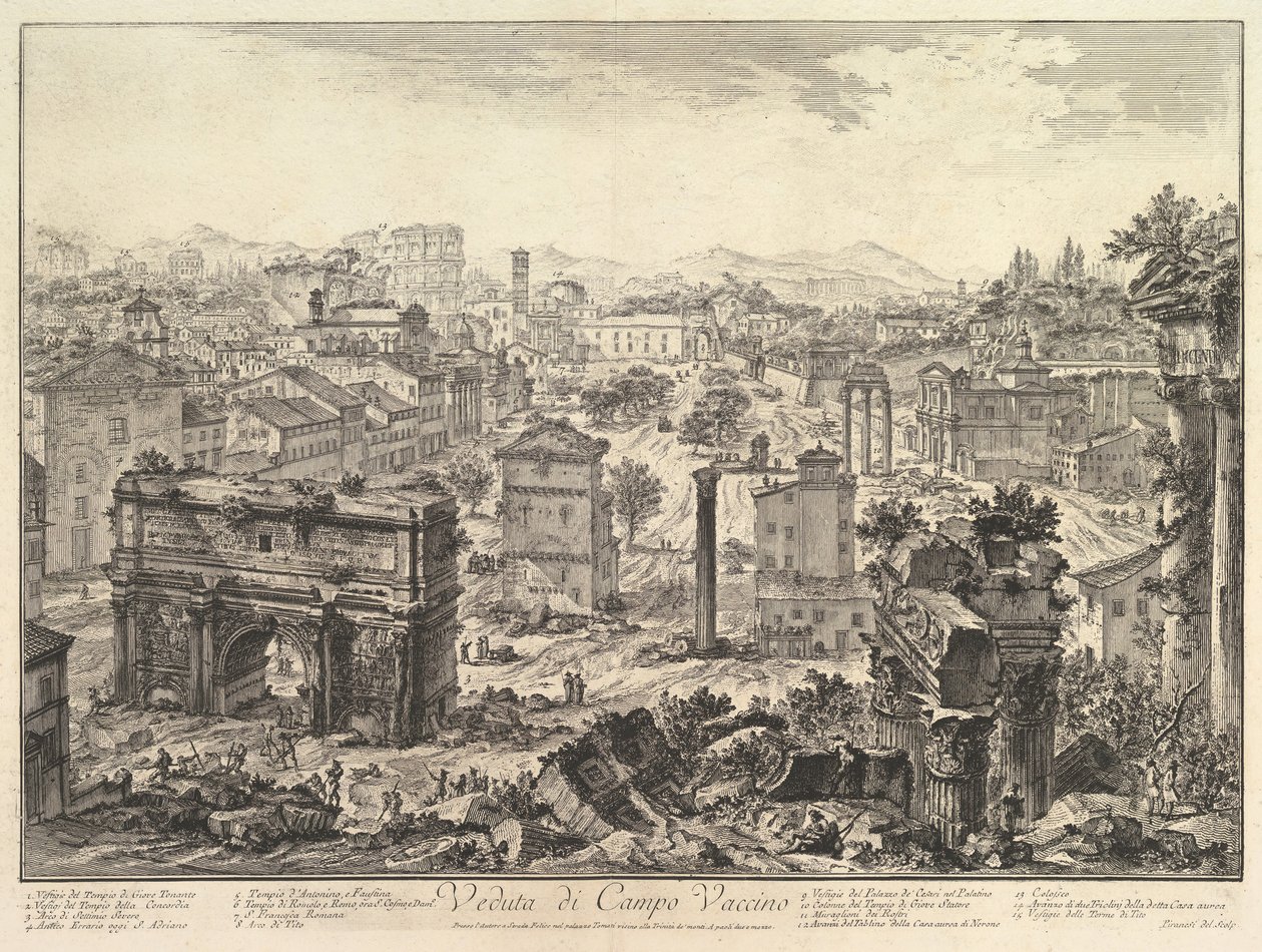 A Forum Romanum vagy Campo Vaccino a Capitoliumból, a Septimius-ívvel a t..., kb. 1775. alkotó: Giovanni Battista Piranesi