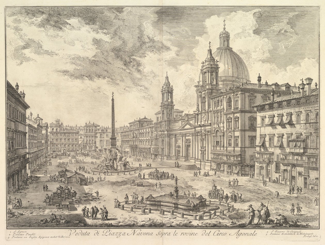 A Piazza Navona Rómában, Domitianus cirkuszának romjai fölött, jobbra a Sant