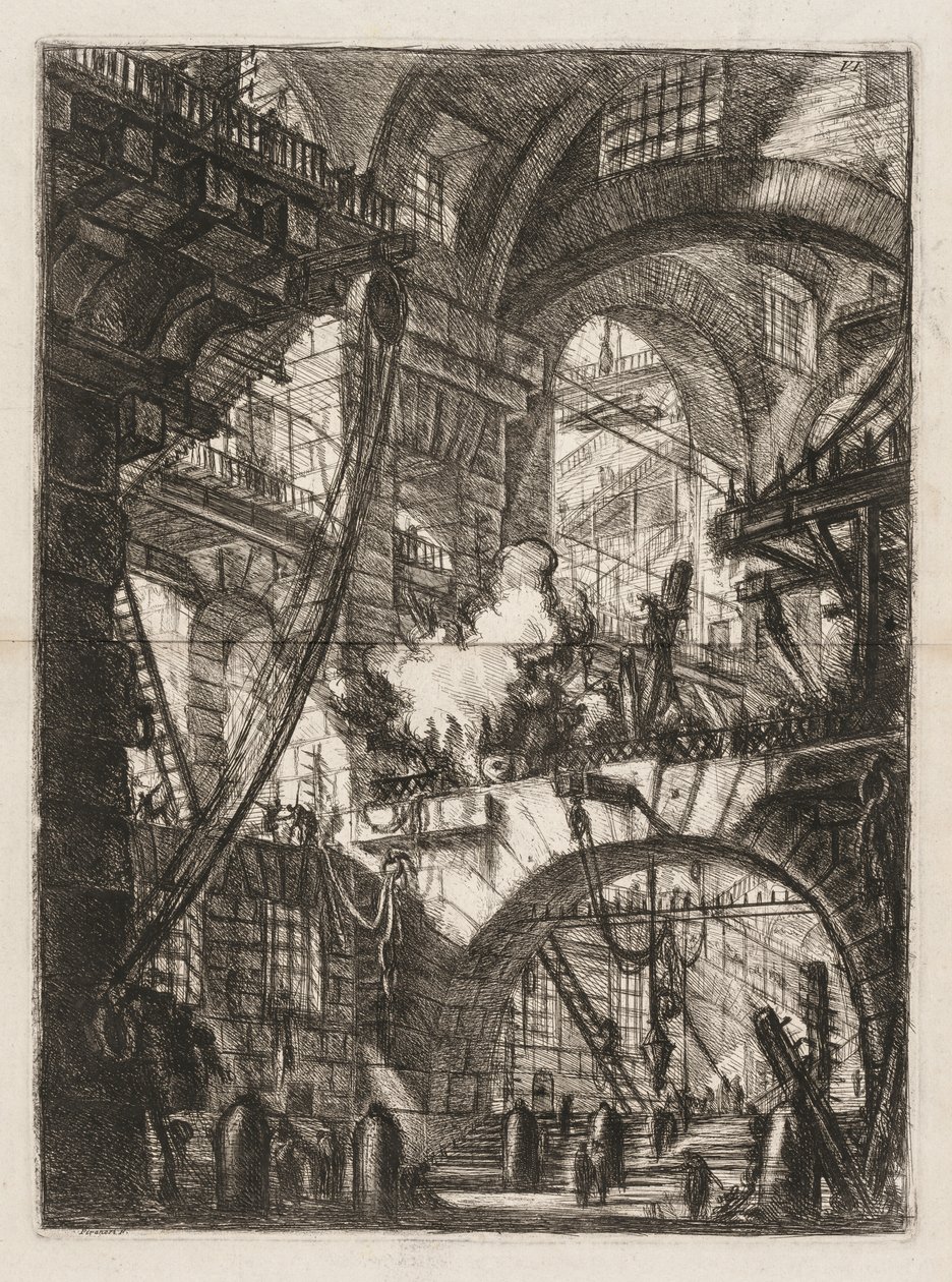 A börtönök: A boltívek perspektívája füstölgő tűzzel a központban alkotó: Giovanni Battista Piranesi