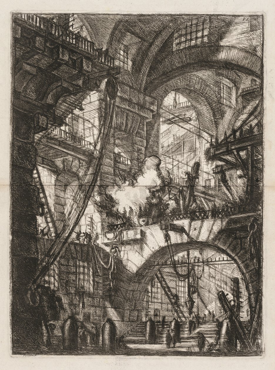 A börtönök: A boltívek perspektívája füstölgő tűzzel a központban. alkotó: Giovanni Battista Piranesi