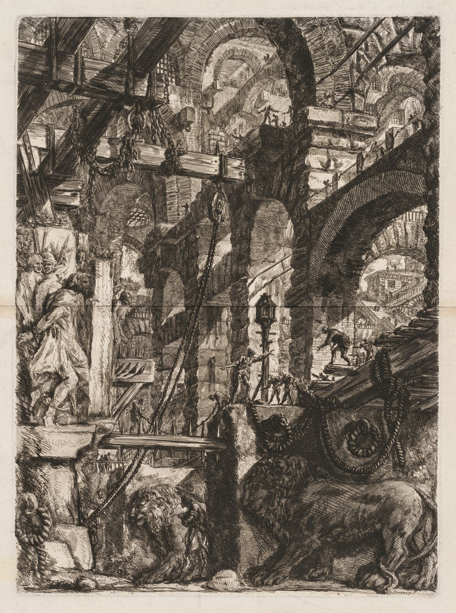 A börtönök: A római boltívek perspektívája, két domborműves oroszlánnal kőlapokra az előtérben alkotó: Giovanni Battista Piranesi