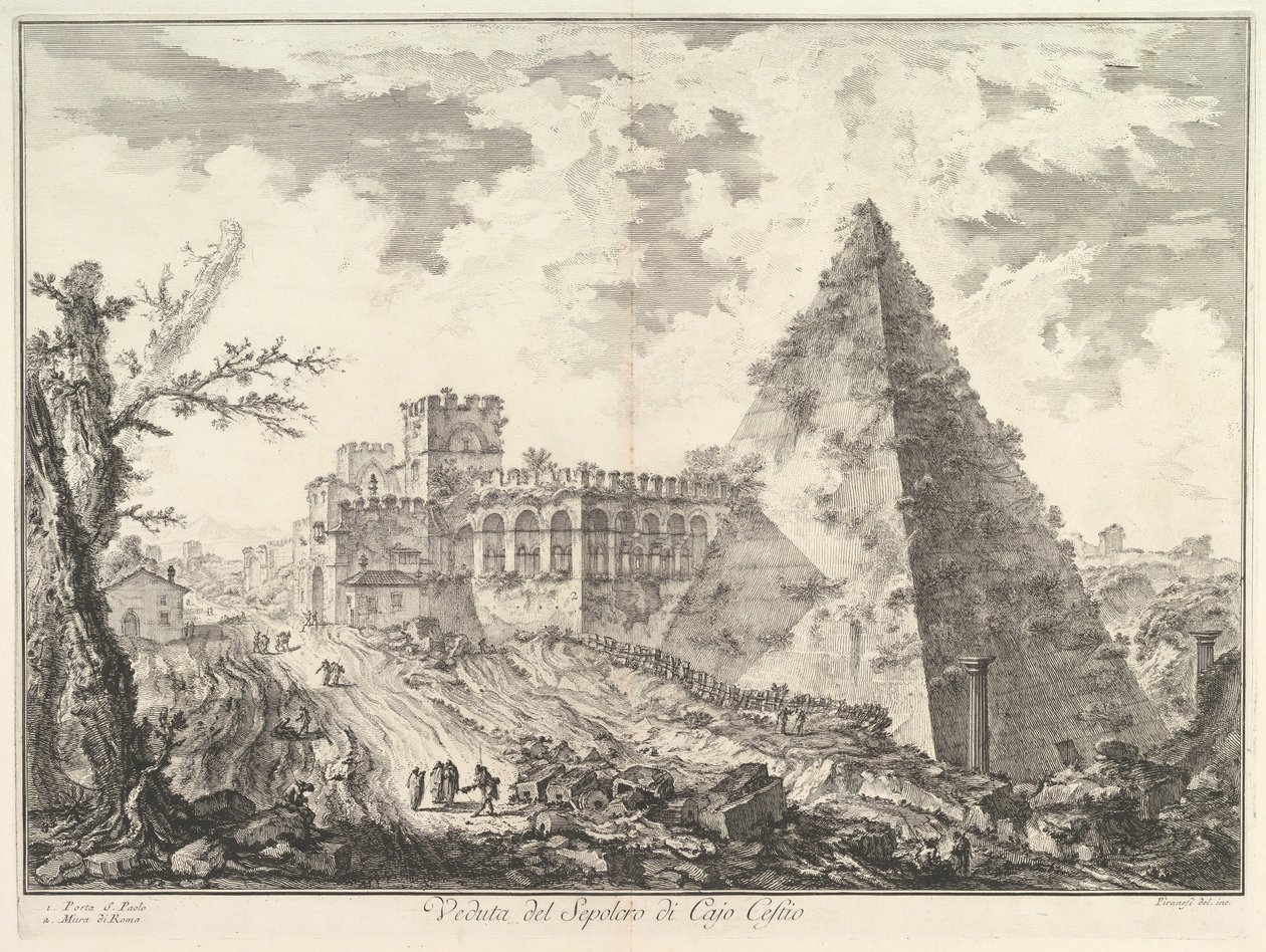 Caius Cestius piramisa a Porta S. Paolo-val és a szomszédos Veduta del S... úttal, kb. 1755. alkotó: Giovanni Battista Piranesi