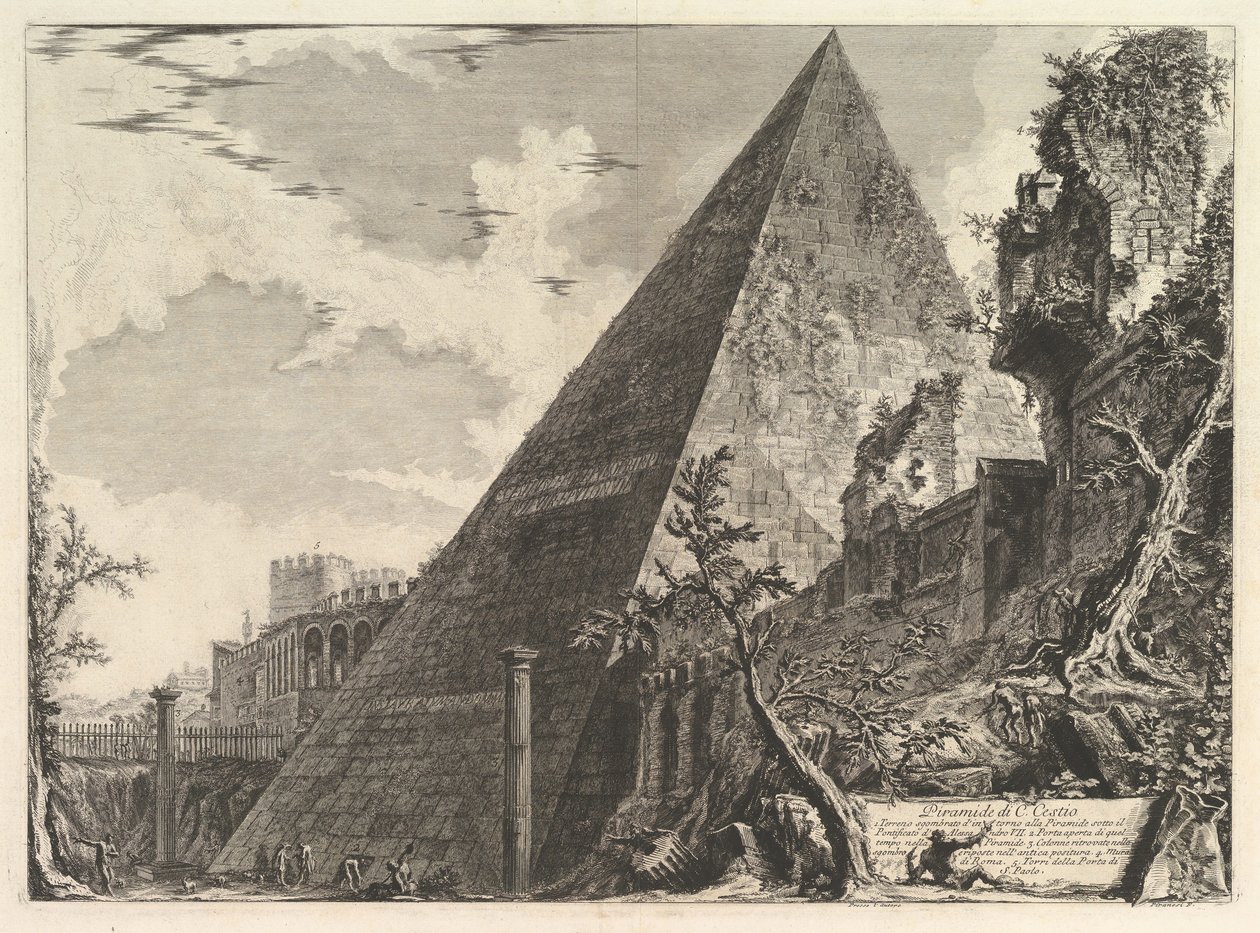 Gaius Cestius piramisa, a Vedute di Roma római nézetekből, kb. 1756. alkotó: Giovanni Battista Piranesi