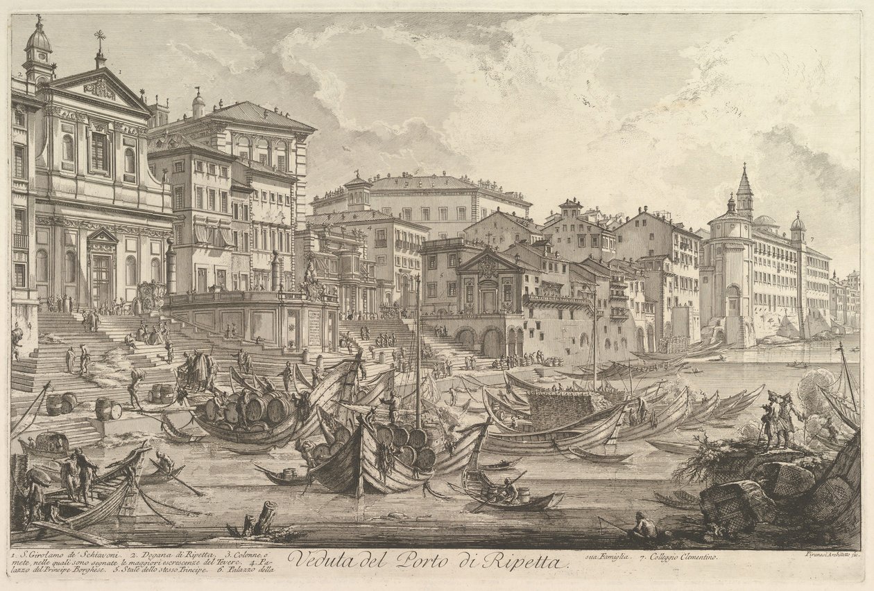 A kisebb kikötő, az úgynevezett Porto di Ripetta, kilátással a Ripetta kikötőre, kb. 1753. alkotó: Giovanni Battista Piranesi