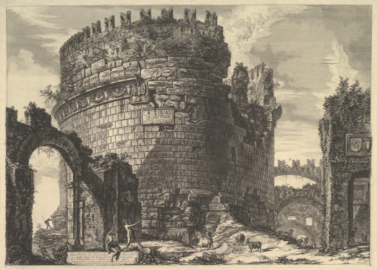 Caecilia Metella sírja, a Vedute di Roma Roman Views-ból, kb. 1762. alkotó: Giovanni Battista Piranesi