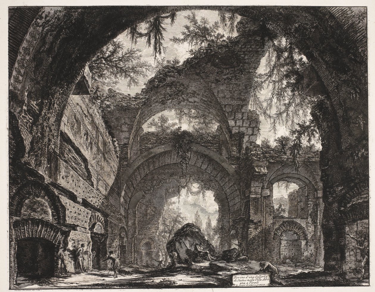 Thermen in de Villa Adriana t és Tivoli Szoborgaléria romjai Hadrianus villájában Tivoliban (cím a tárgyon) Gezichten op Rome (sorozat címe) Róma látképei, amelyeket Giambattista Piranesi építész, Ve (nez) iano tervezett és vésett (sorozat címe) alkotó: Giovanni Battista Piranesi