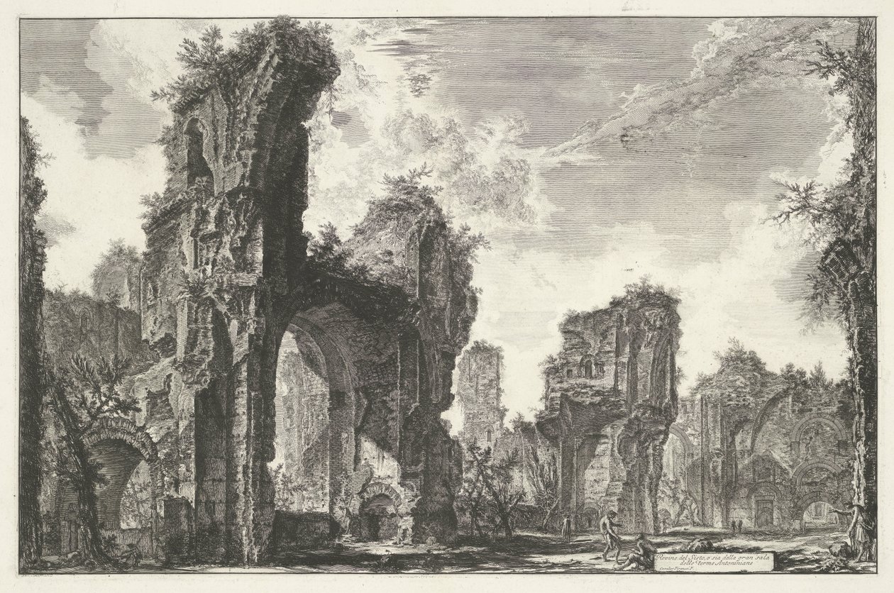 Thermen van Caracalla Rómában A Sisto romjai vagy az Antoninus-fürdő nagytermének mindkettő (cím a tárgyon) Gezichten op Rome (sorozat címe) Róma látképeit Giambattista Piranesi építész, Ve(nez)iano rajzolta és vésette (sorozat címe) alkotó: Giovanni Battista Piranesi