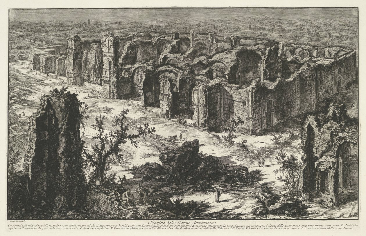 Thermen van Caracalla Rómában Az Antoninus-fürdő romjai (cím a tárgyon) Gezichten op Rome (sorozat címe) Róma látképei, amelyeket Giambattista Piranesi építész, Ve (nez) iano tervezett és vésett (sorozat címe) alkotó: Giovanni Battista Piranesi