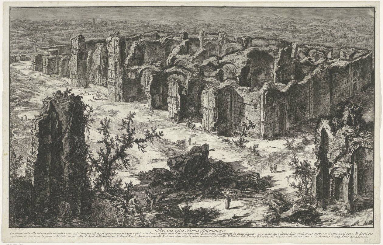 Thermen van Caracalla Rómában Az Antoninus-fürdő romjai (cím a tárgyon) Gezichten op Rome (sorozat címe) Róma látképei, amelyeket Giambattista Piranesi építész, Ve (nez) iano tervezett és vésett (sorozat címe) alkotó: Giovanni Battista Piranesi