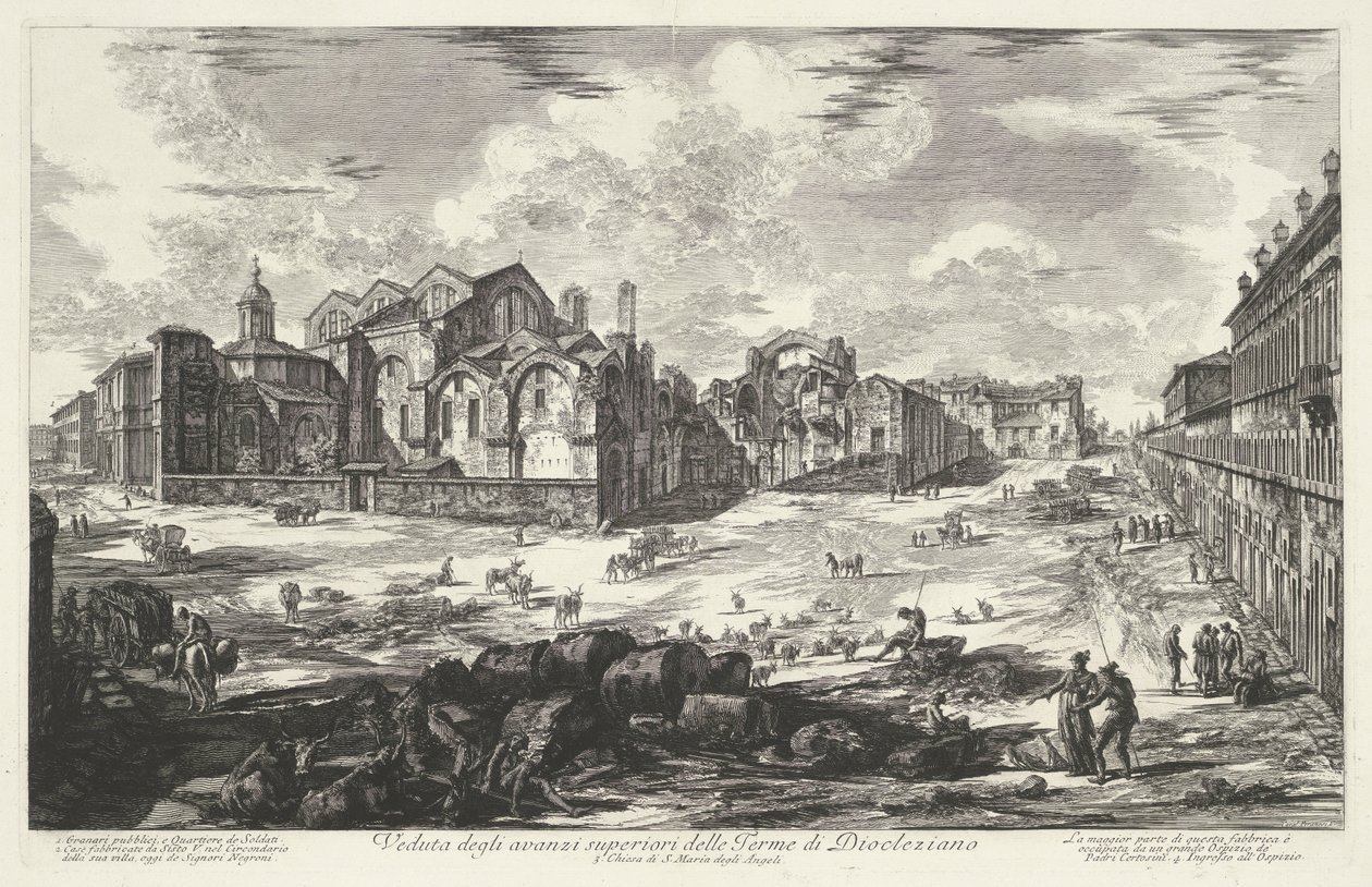 Thermen van Diocletianus Rómában Kilátás a Dioclaziano fürdő felső maradványaira (cím a tárgyon) Gezichten op Rome (sorozat címe) Róma látképei, amelyeket Giambattista Piranesi építész, Ve (nez) iano tervezett és vésett (sorozat címe) alkotó: Giovanni Battista Piranesi