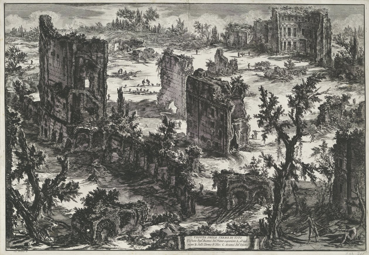 Thermen van Trajanus Rómában Kilátás a cinegefürdőre (...) (cím a tárgyon) Gezichten op Rome (sorozat címe) Róma látképei, amelyeket Giambattista Piranesi építész, Ve (nez) iano tervezett és vésett (sorozat címe) alkotó: Giovanni Battista Piranesi