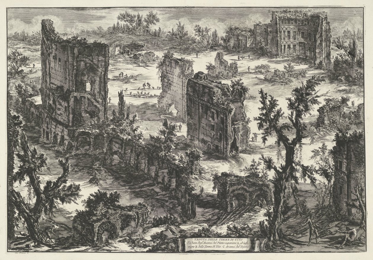 Thermen van Trajanus Rómában Kilátás a Terme di Tito-ra (...) (cím az objektumon) Gezichten op Rome (sorozat címe) Róma kilátásai, amelyeket Giambattista Piranesi építész, Ve (nez) iano tervezett és vésett (sorozat címe) alkotó: Giovanni Battista Piranesi